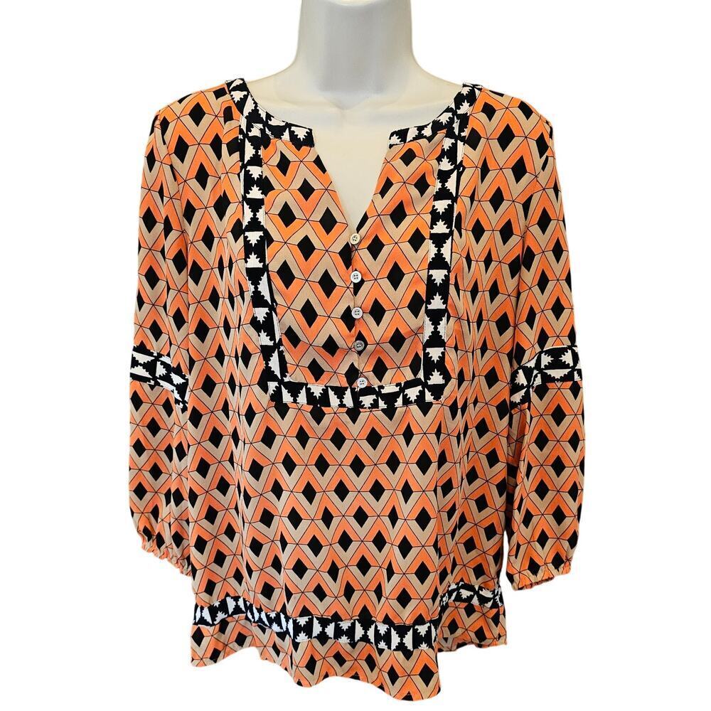 Thml Anthro orange geometric peasant boho blouse split neck cottagecore M EUC ^^